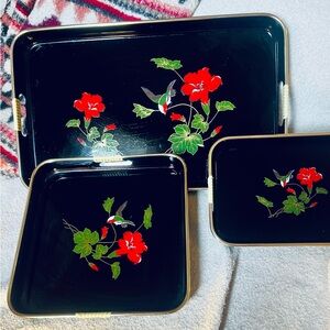 3 piece lacquered tray set - Hummingbird and Red Hibiscus Flowers